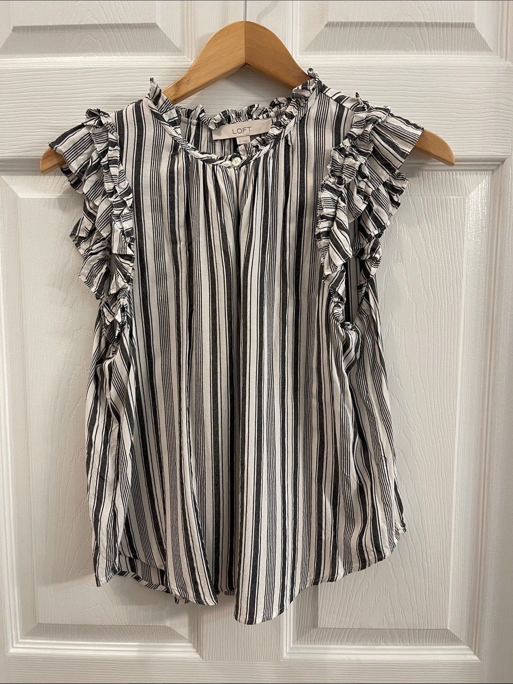LOFT Black and White Striped Ruffle Sleeve Top